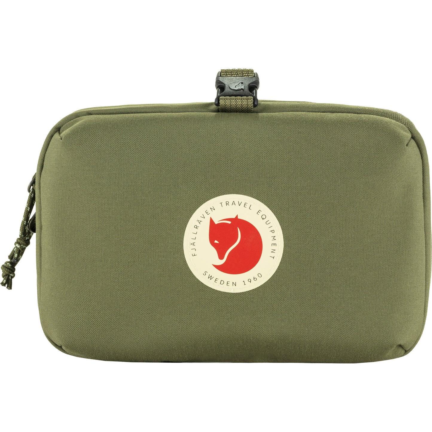 Green travel pouch with a logo on a white background