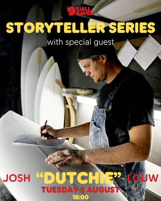 Promotional poster for a storyteller series event featuring Josh 'Dutchie' Louw, with him working on plans in the background.