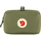 Green travel pouch with a logo on a white background