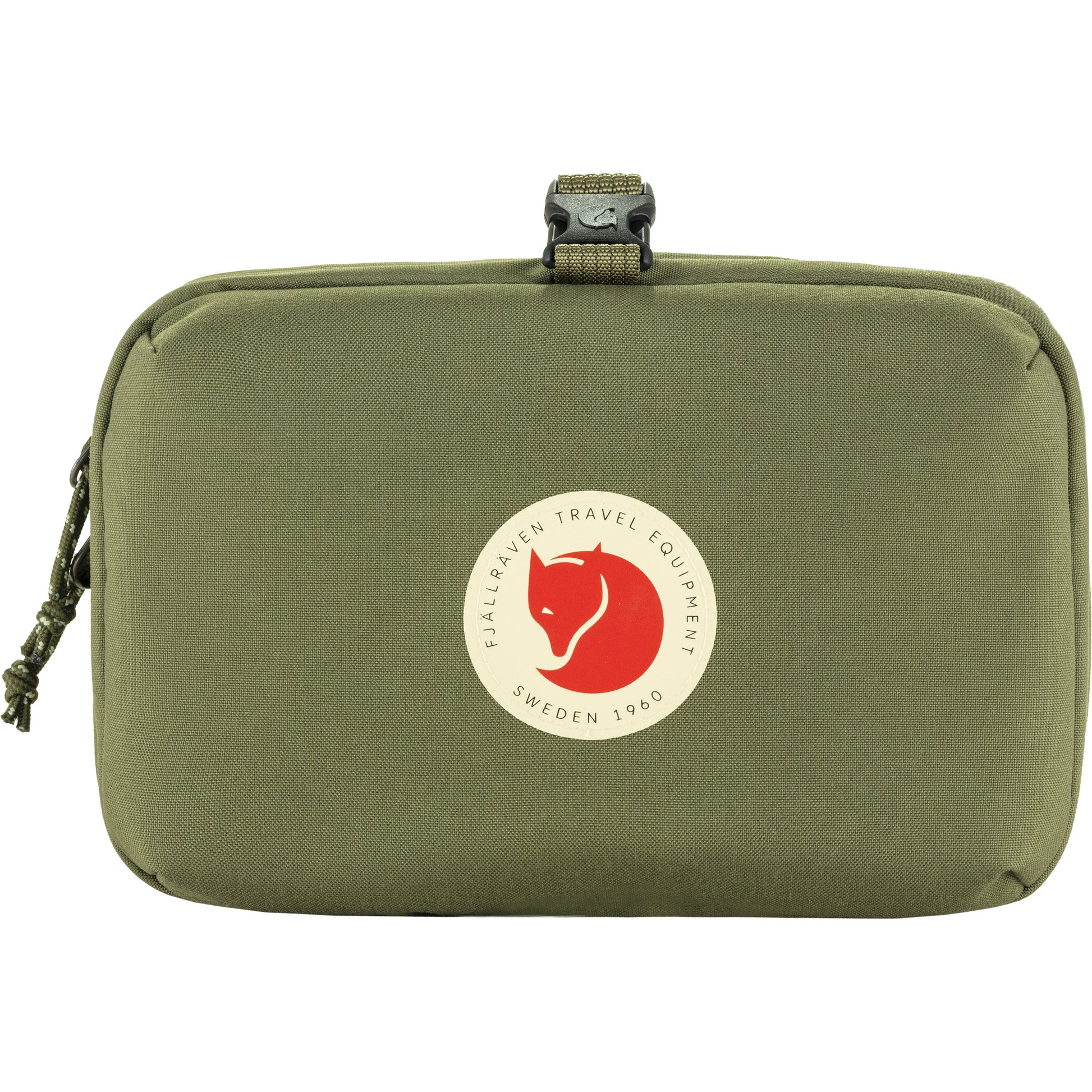 Green travel pouch with a logo on a white background