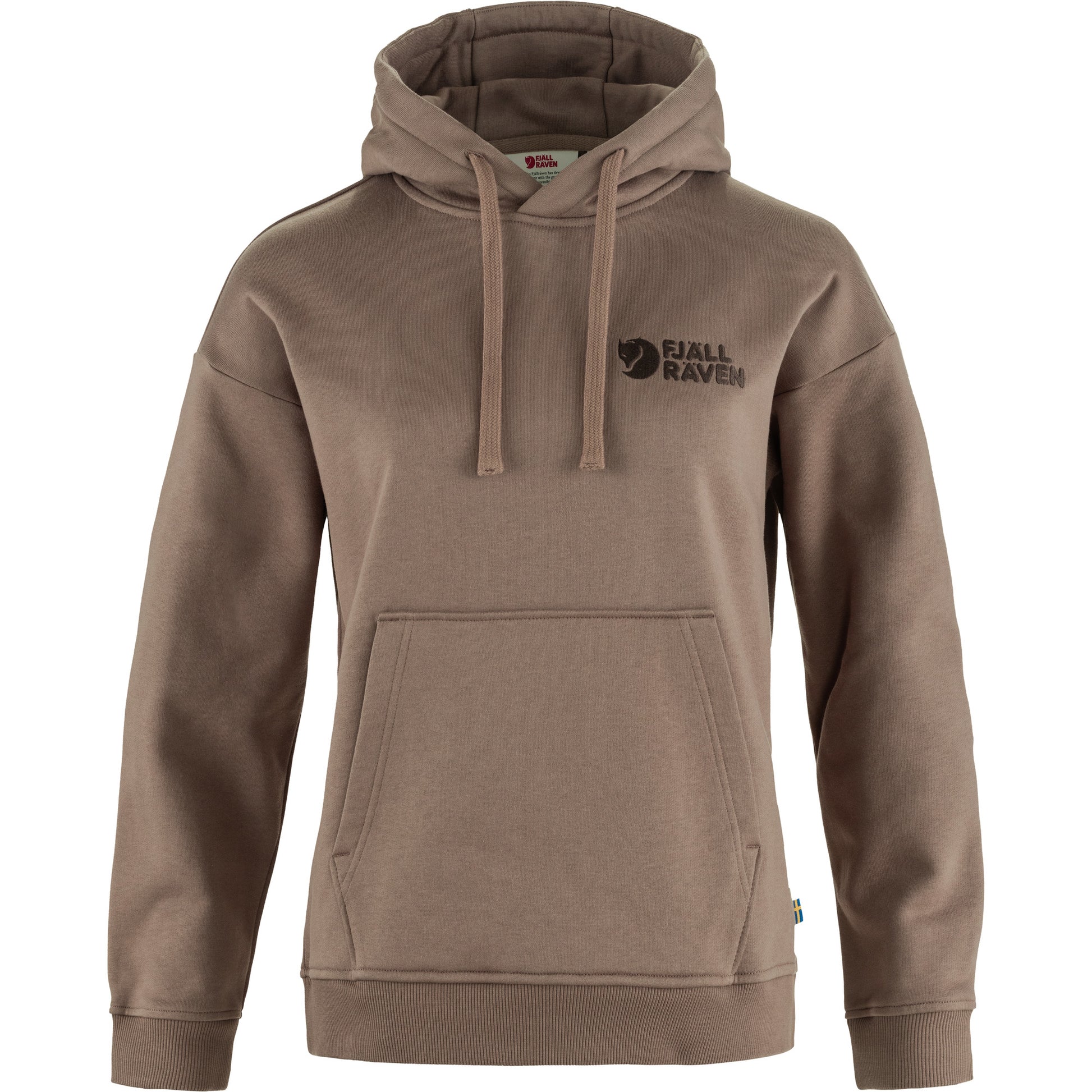 Brown hoodie with Fjällräven logo on a white background